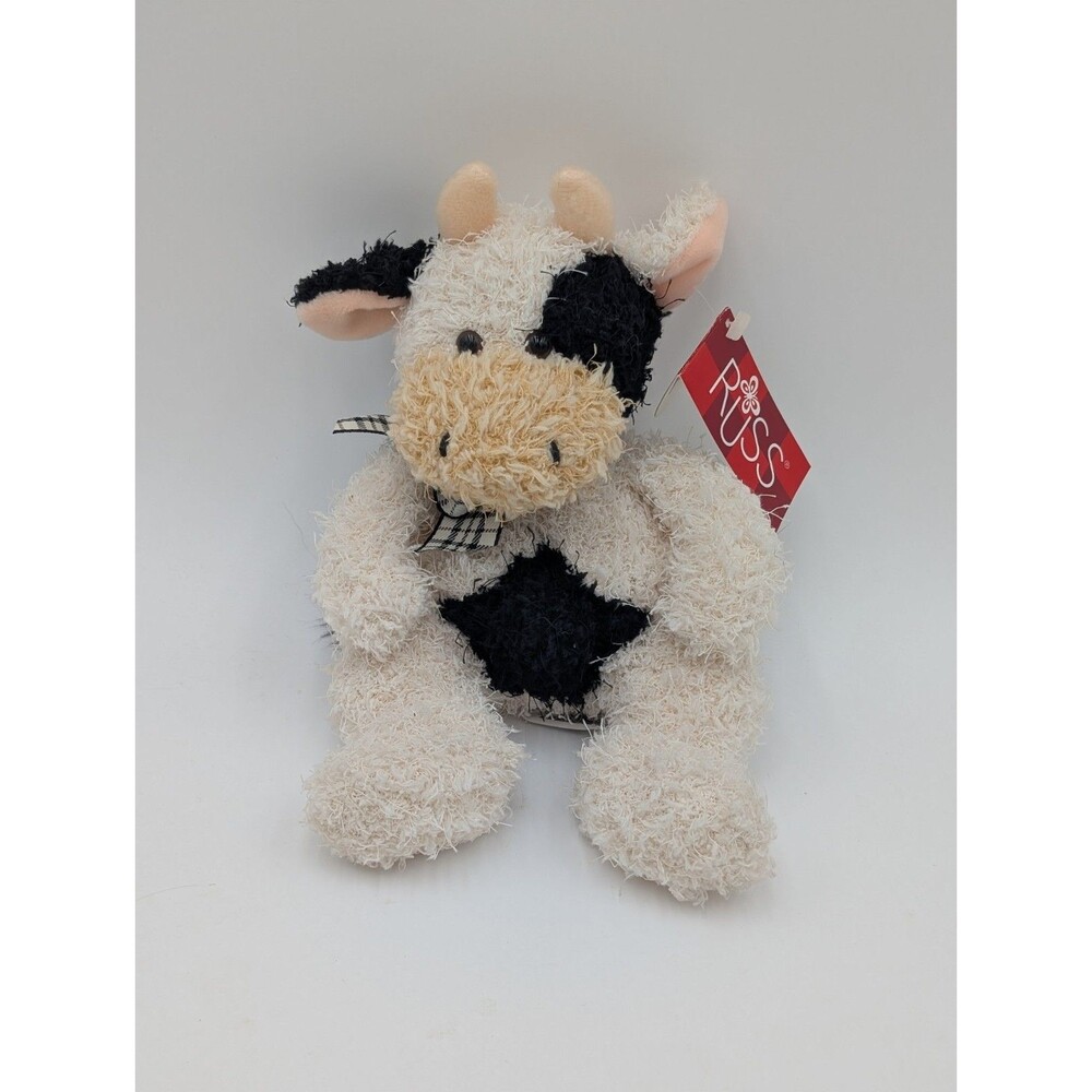 Russ Berrie Cow Plush Black White Stuffed Animal Gingham Bow Vintage 90s Farm...